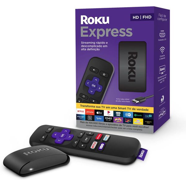 Roku Express - Streaming player Full HD, Transforma sua TV em Smart TV, Com controle remoto e cabo HDMI incluídos