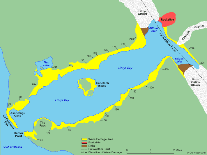 Em vermelho, a localização do desmoronamento e, em amarelo, a área costeira devastada pelo tsunami (Imagem: Reprodução/Geology.com)