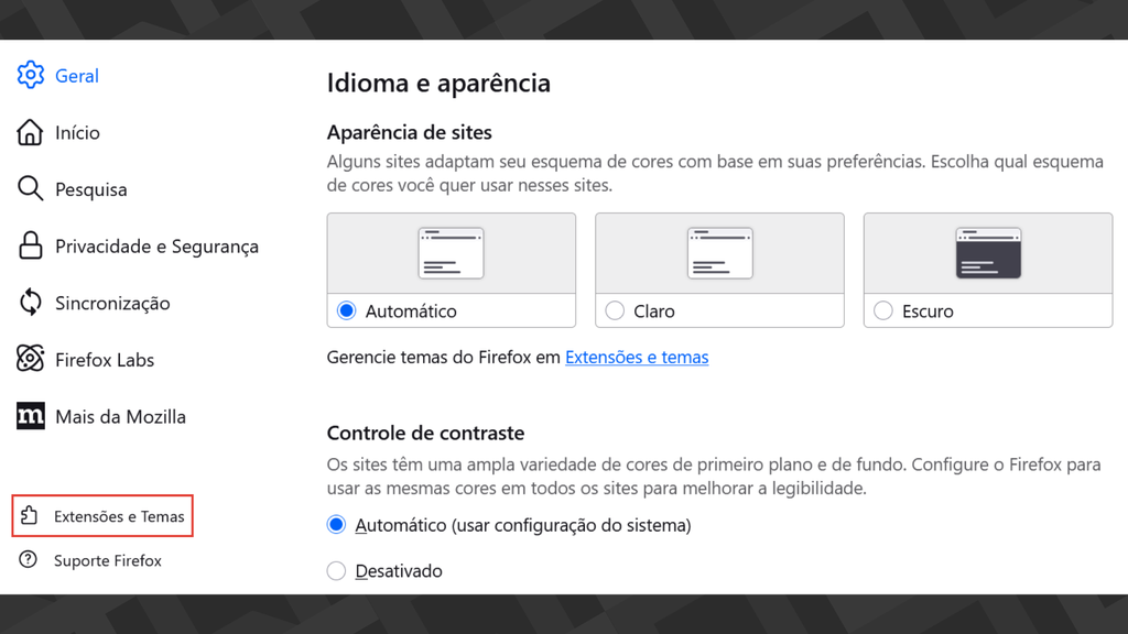 Captura de tela indicando onde acessar as configurações de extensões e telas do Firefox