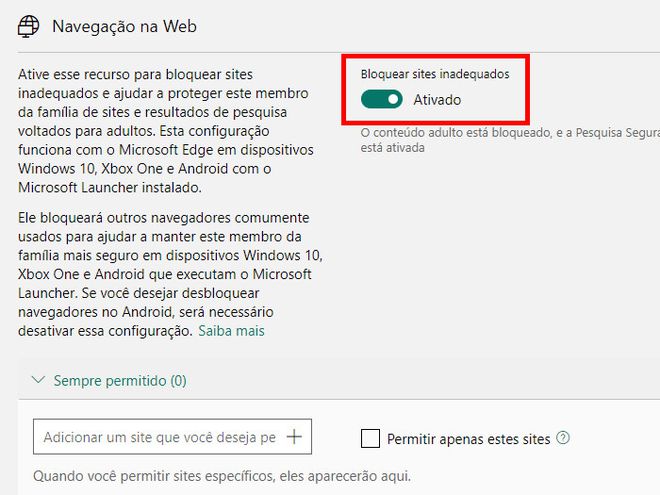 No item "Navegação da Web", habilitea opção "Bloquear sites inadequados" (Captura de tela: Matheus Bigogno)