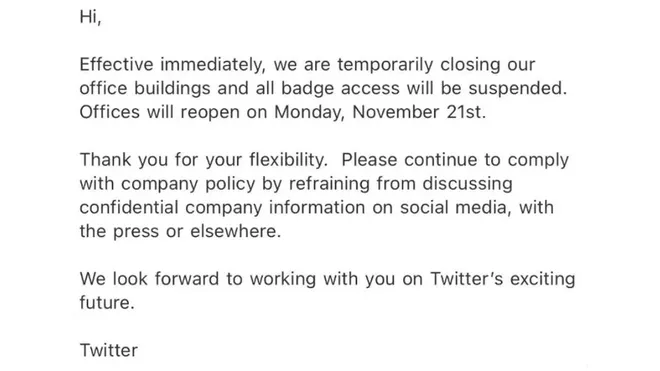 Este foi o e-mail enviado para os funcionários do Twitter (Imagem: Reprodução/BBC)