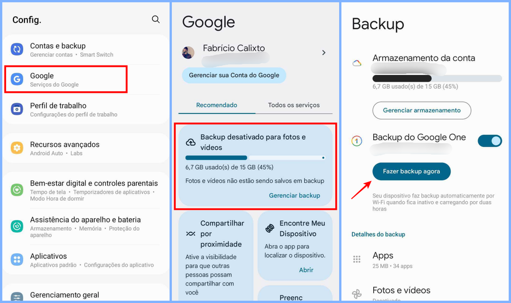 Com o backup do Google ativado, você pode garantir mais segurança para seus dados no Android (Imagem: Captura de tela/Fabrício Calixto/Canaltech)