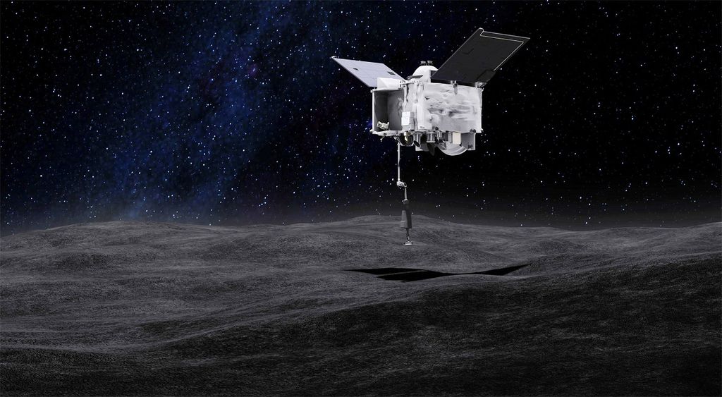 Concepção artística mostra a OSIRIS-REx coletando amostras do asteroide Bennu (Imagem: NASA)