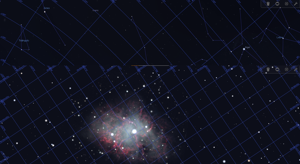 A nebulosa do Caranguejo encontrada pelas coordenadas (Imagem: stellarium.org)