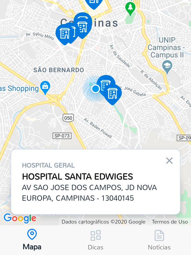 Aplicativo traz mapa com hospitais e outras unidades de saúde próximas (Captura: André Magalhães/Canaltech)