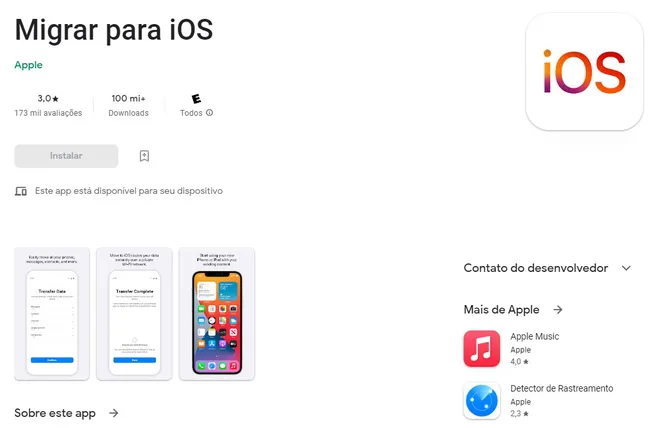A transferência de chats do WhatsApp só será possível será aparecer no aplicativo "Migrar para iOS" (Imagem: Reprodução/Google)