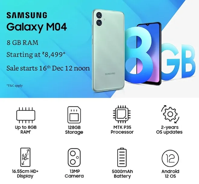 Galaxy M04 tem Helio P35 como processador e garantia de atualizações por dois anos (Imagem: Samsung)