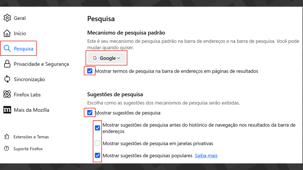 Captura das configurações de mecanismos de pesquisa do Firefox
