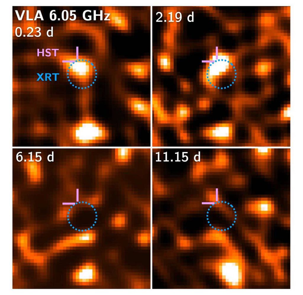 Imagens do GRB 200522A mostram que ele desaparece rapidamente em apenas alguns dias. A marcação lilás mostra a posição medida usando o Hubble e o círculo azul é do Telescópio Swift (Imagem: Reprodução/Fong)