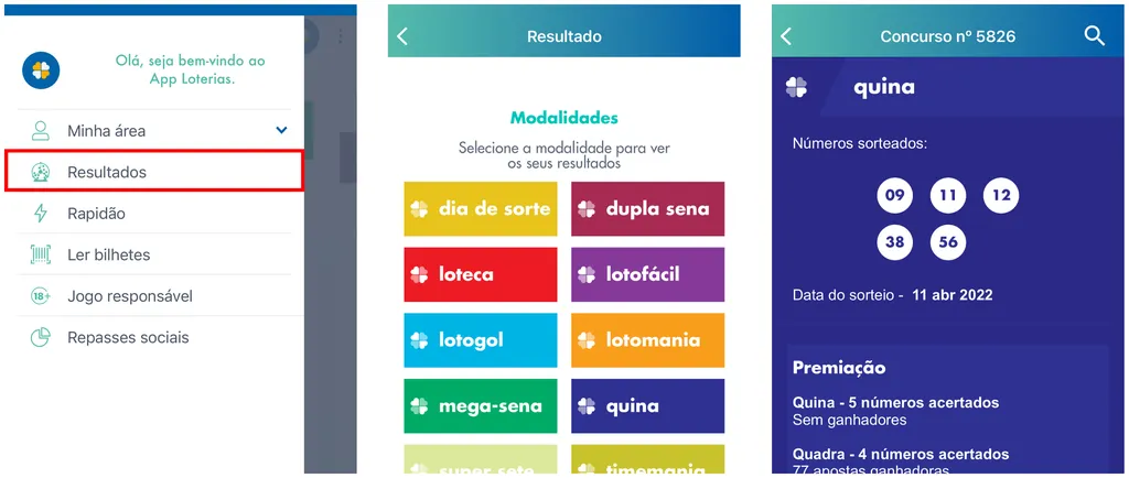 App para celular também mostra os resultados de apostas nas loterias online (Captura de tela: Caio Carvalho)