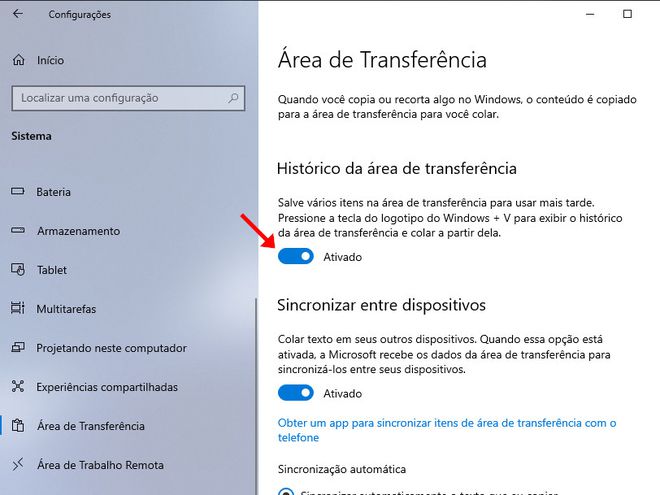 Utilize esta aba para ativar ou desativar o histórico da área de transferência do Windows 10 (Captura de tela: Matheus Bigogno)