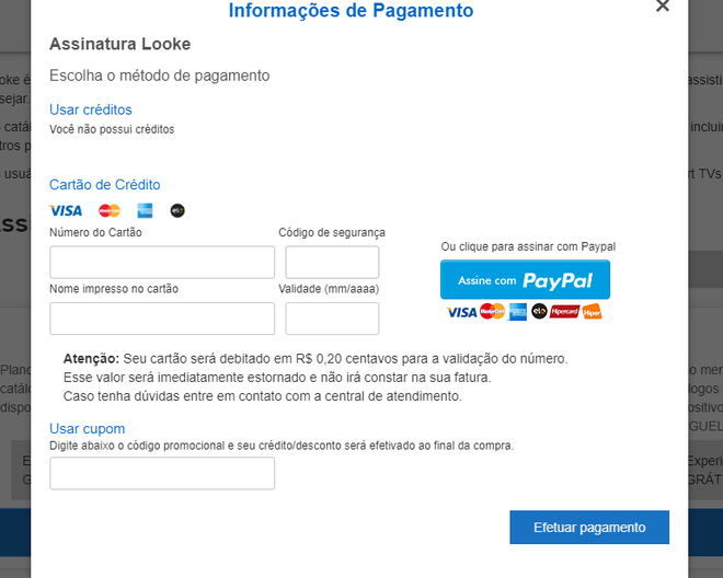 Looke: plataforma de streaming pode ser assinada com PayPal (Captura de tela: Ariane Velasco)