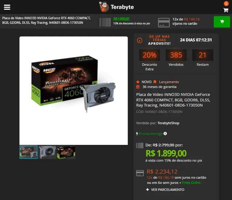 Placa de Video INNO3D NVIDIA GeForce RTX 4060 COMPACT, 8GB, GDDR6, DLSS ...