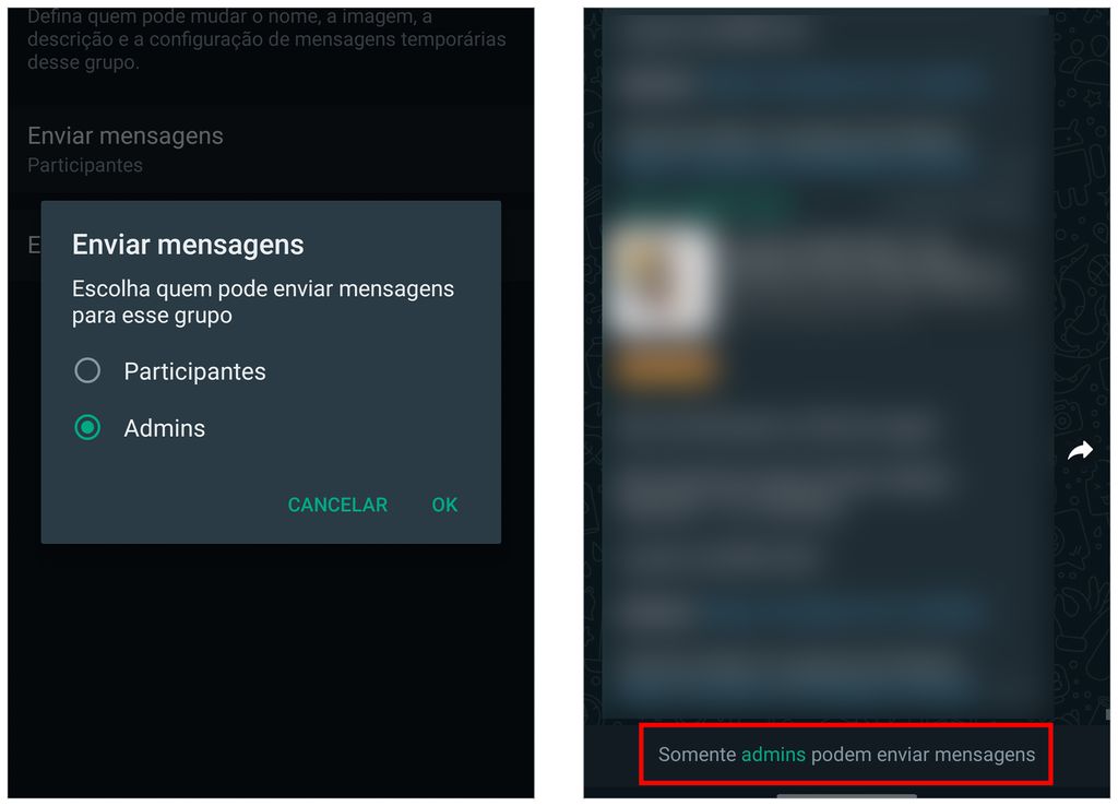 Grupo de WhatsApp pode ser configurado para apenas receber mensagens de administradores (Captura de tela: André Magalhães)