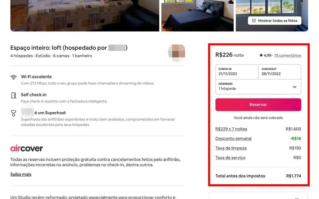 As taxas do Airbnb ficam no quadro com os preços da hospedagem (Captura de tela: Caio Carvalho)