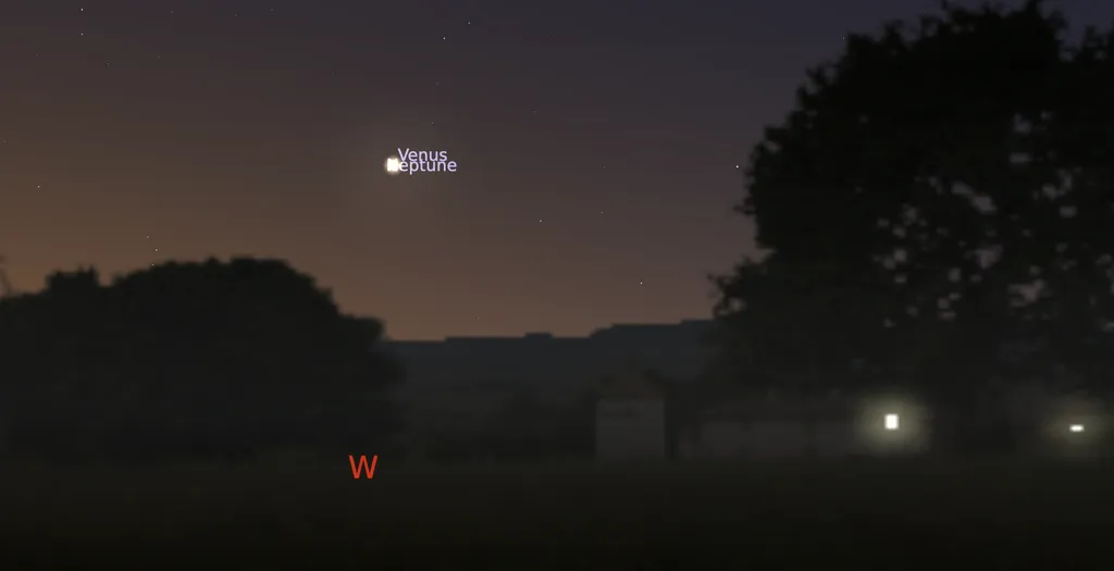 Vênus e Netuno em conjunção no início da noite de 15 de fevereiro (Imagem: Captura de tela/Stellarium)