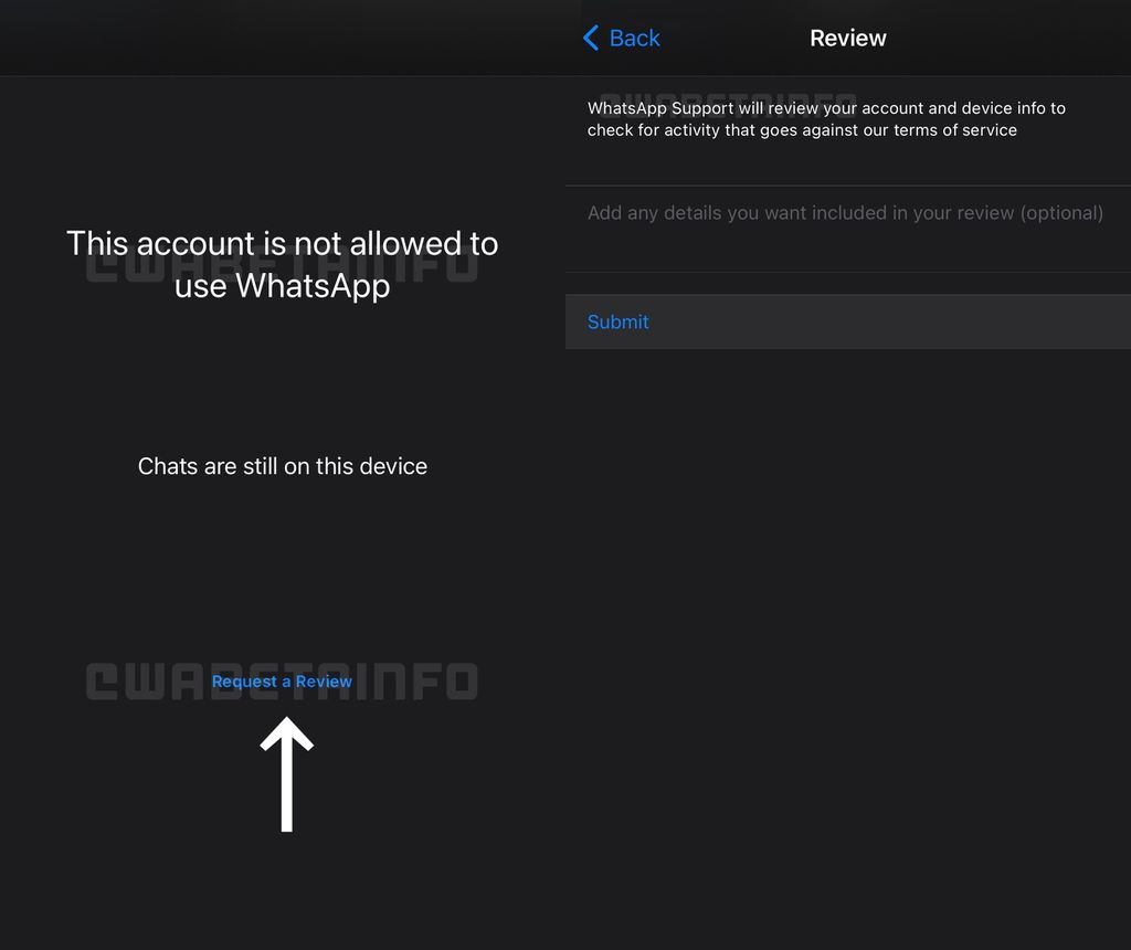 Você poderá submeter uma revisão para o WhatsApp se sua conta for banida injustamente (Imagem: Reprodução/WABetaInfo)
