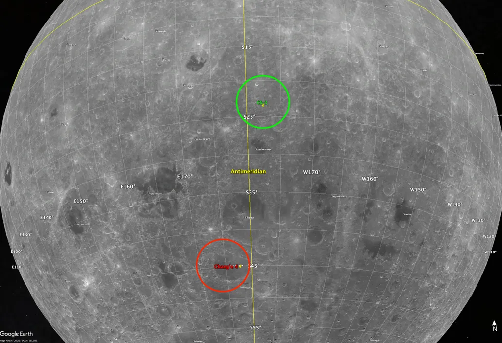 Destacado em verde, está o local de pouso escolhido pela equipe do LuSEE-Night; em vermelho, o local de pouso da Chang'e 4, que também está no lado afastado da Lua (Imagem: Reprodução/Stuart D. Bale et. al)
