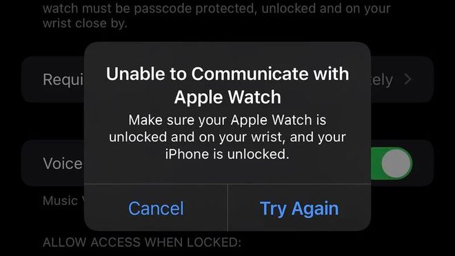 Quem tentava fazer o desbloqueio recebia uma mensagem de falha na comunicação com o Apple Watch (Imagem: Reprodução/MacRumors)