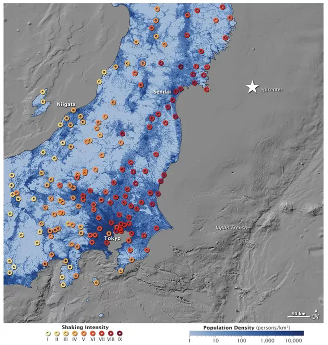 Mapa da intensidade do terremoto; quanto mais escuros os círculos, maior a intensidae dos tremores (Imagem: Reprodução/NASA Earth Observatory)