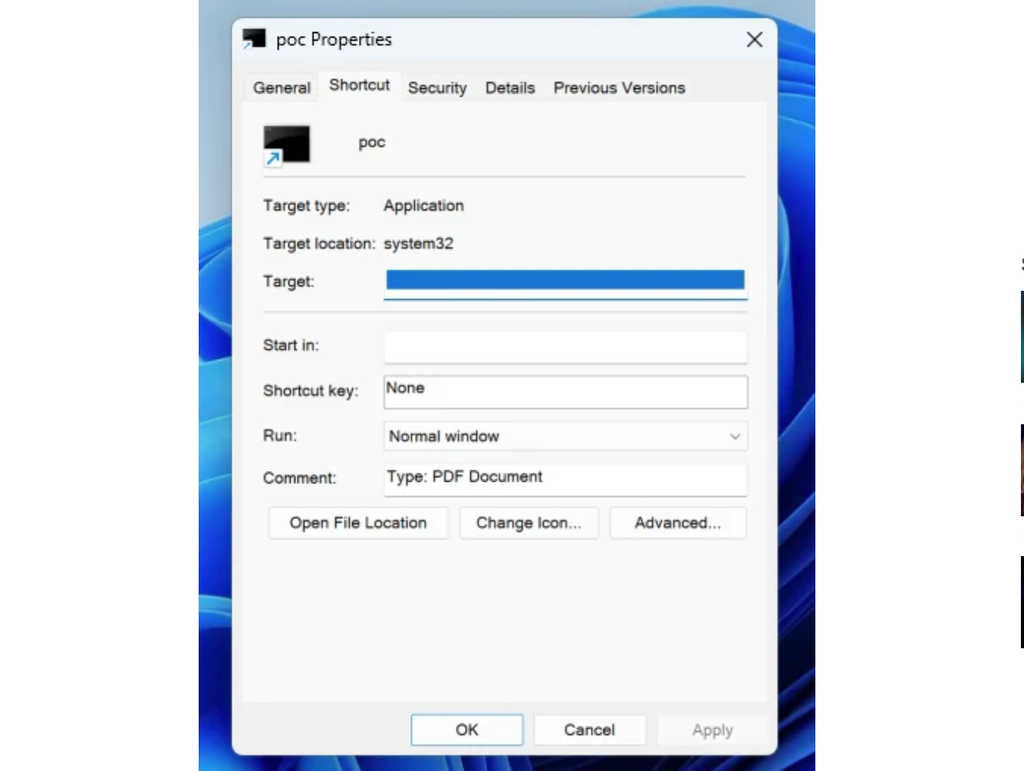 Exemplo do atalho LNK sendo explorado: no campo Target, não é possível ver os códigos maliciosos (Imagem: Trend Micro)