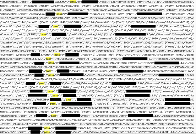 Amostra de como logs registravam o SSID, nome dos dispositivo e senha usados pelos usuários em texto simples, sem criptografia (Imagem: Reprodução/vpnMentor) Amostra de como logs registravam o SSID, nome dos dispositivo e senha usados pelos usuários em texto simples, sem criptografia (Imagem: Reprodução/vpnMentor)
