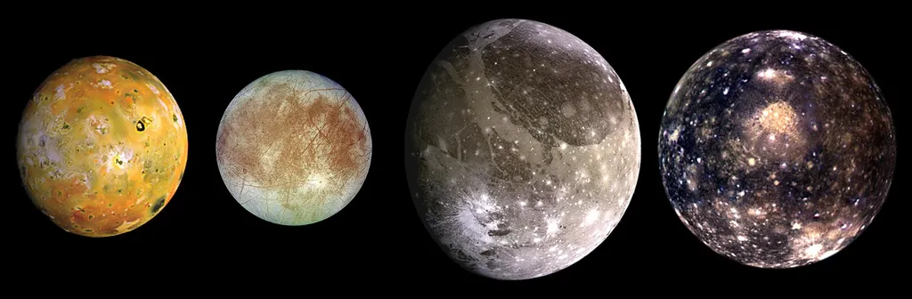 As luas galleanas de Júpiter: Io, Europa, Ganimedes e Calisto (Imagem: Reprodução/NASA/JPL/DLR)