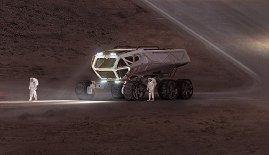 Imagem ampliada do caminhão que aparece no conceito da colonização de Marte. Seria este o design do Cybertruck? (Imagem: SpaceX)