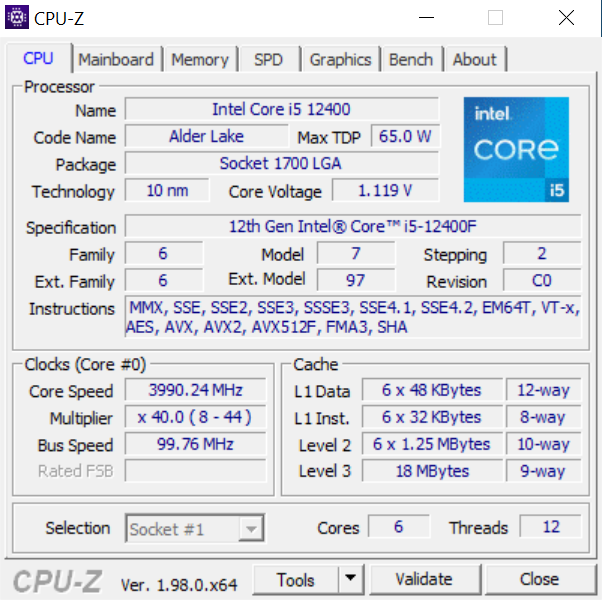 Segundo o CPU-Z, o Core i5 12400F traz 6 núcleos e 12 threads, clocks de até 4,4 GHz e 18 MB de cache L3 (Imagem: XanxoGaming)