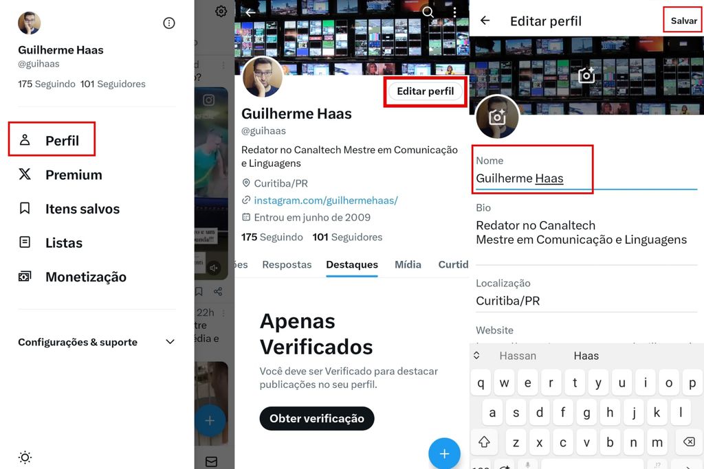 O nome de exibição do perfil no Twitter/X pode ter até 50 caracteres (Imagem: Captura de tela/Guilherme Haas/Canaltech)