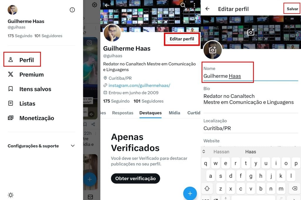 O nome de exibição do perfil no Twitter/X pode ter até 50 caracteres (Imagem: Captura de tela/Guilherme Haas/Canaltech)