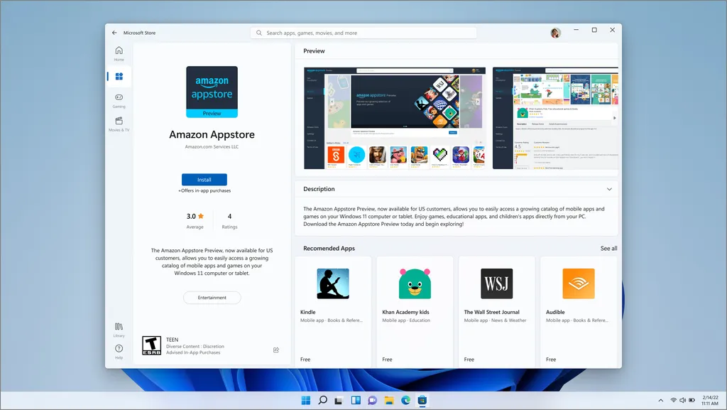 A Amazon Appstore permite rodar programas do Android no Windows, sem depender de emuladores (Imagem: Reprodução/Microsoft)