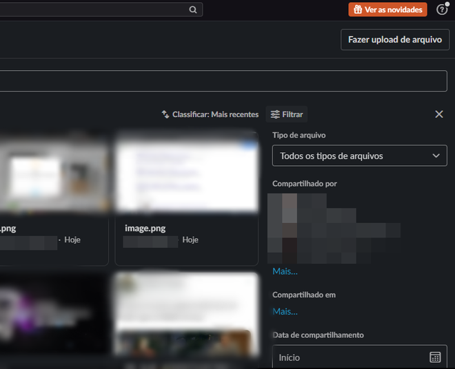 Os filtros do Slack variam entre contatos, tipo de arquivo e data de compartilhamento (Captura de tela: Ariane Velasco)