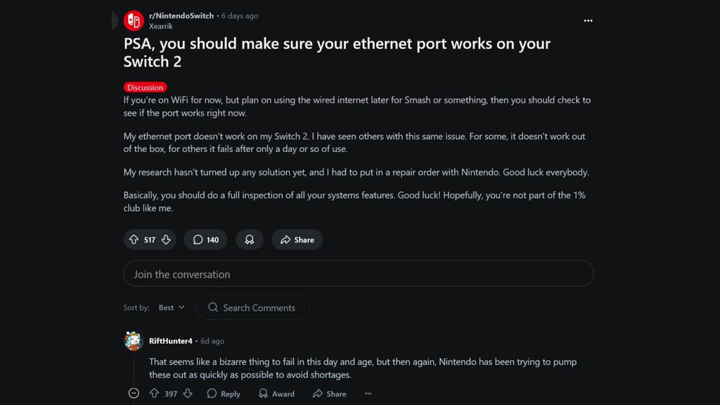 Imagem do problema de rede do Switch 2