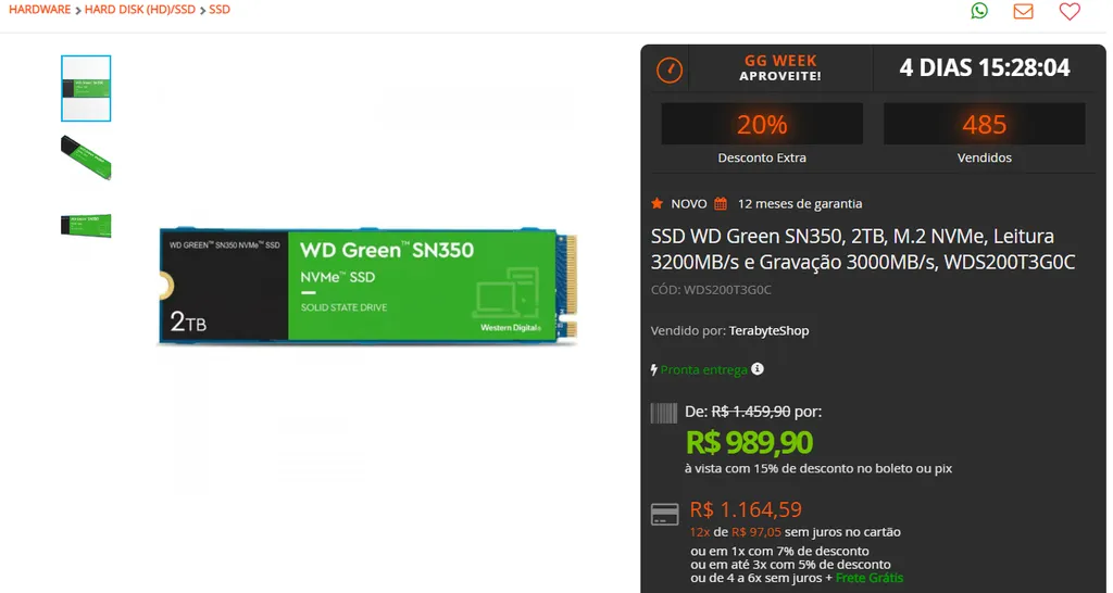 SSD WD Green SN350, 2TB, M.2 NVMe, Leitura 3200MB/s e Gravação 3000MB/s,  WDS200T3G0C 110101 - Canaltech Ofertas