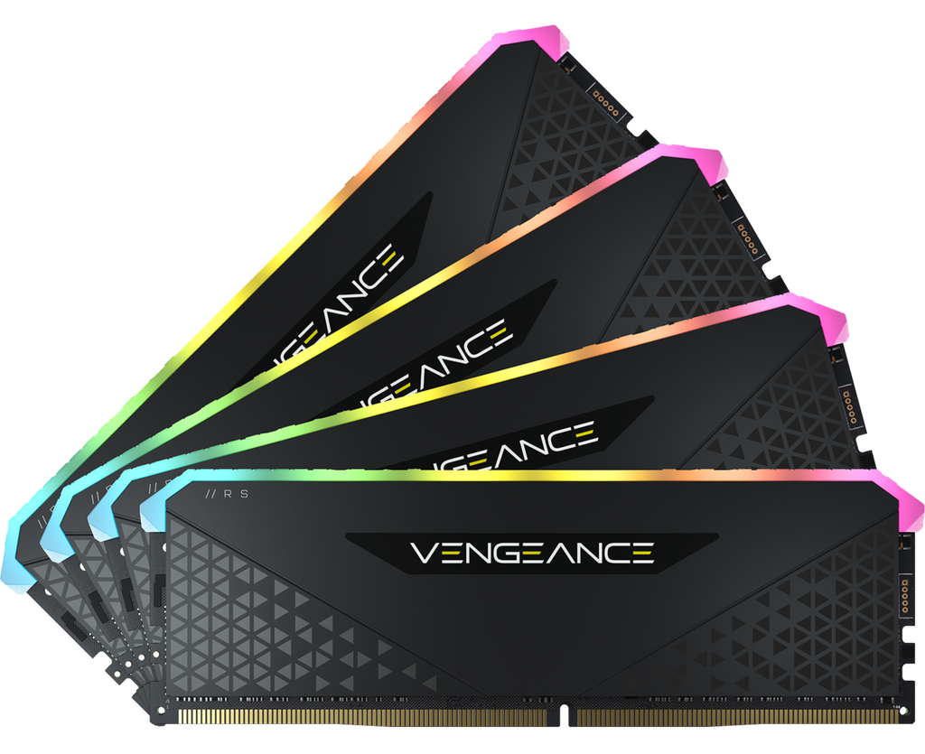 As memórias Vengeance RGB RS estão disponíveis em kits de até 128 GB, com velocidades que chegam aos 3.600 MHz e latência CL16 (Imagem: Reprodução/Corsair)