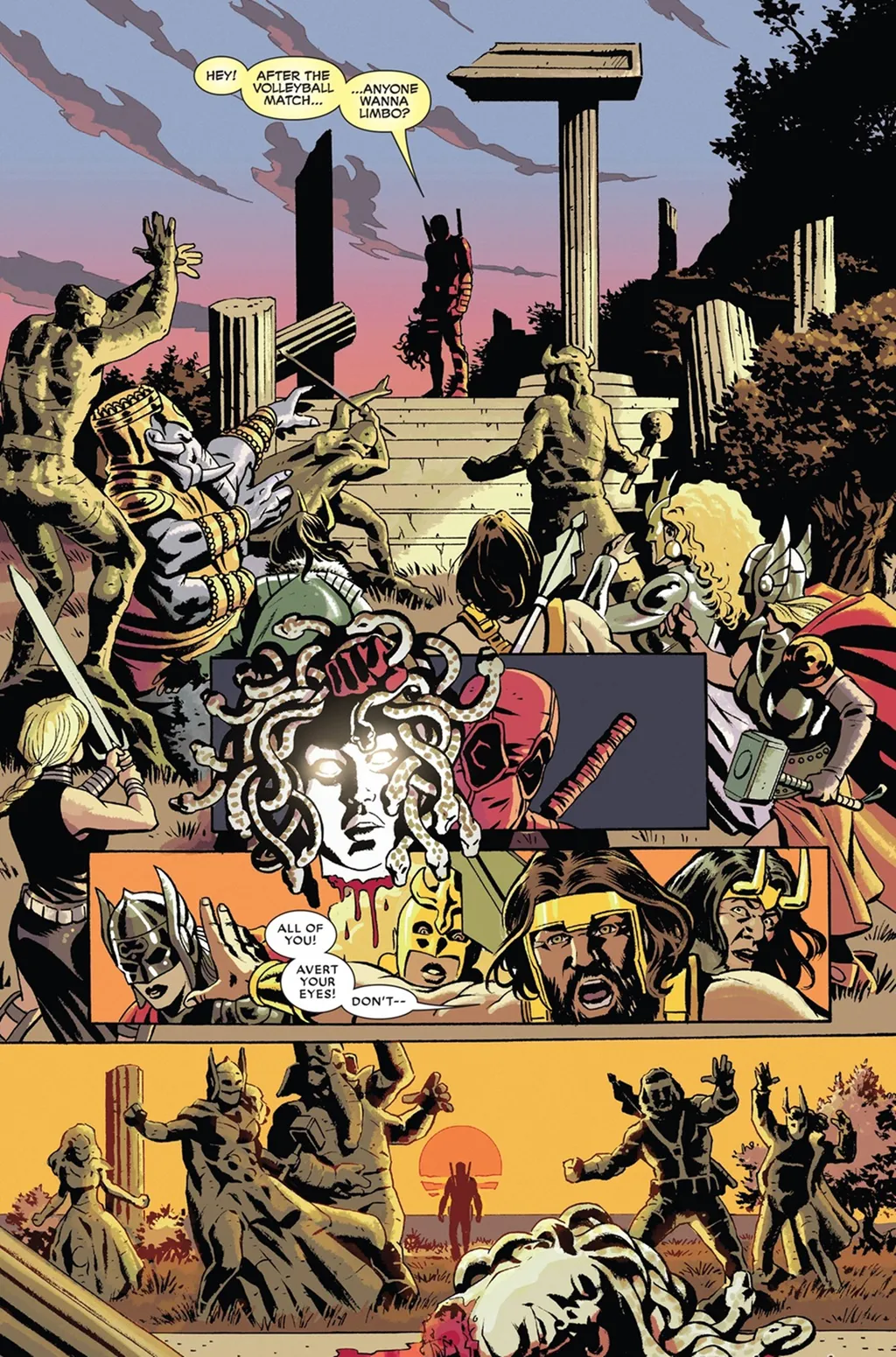 Deadpool transforma Thor e outros deuses em pedra com a cabeça da Medusa (Imagem: Reprodução/Marvel Comics)