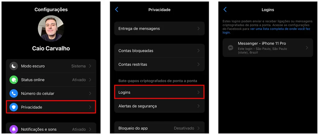 Como saber quais dispositivos estão conectados no Messenger (Captura de tela: Caio Carvalho)
