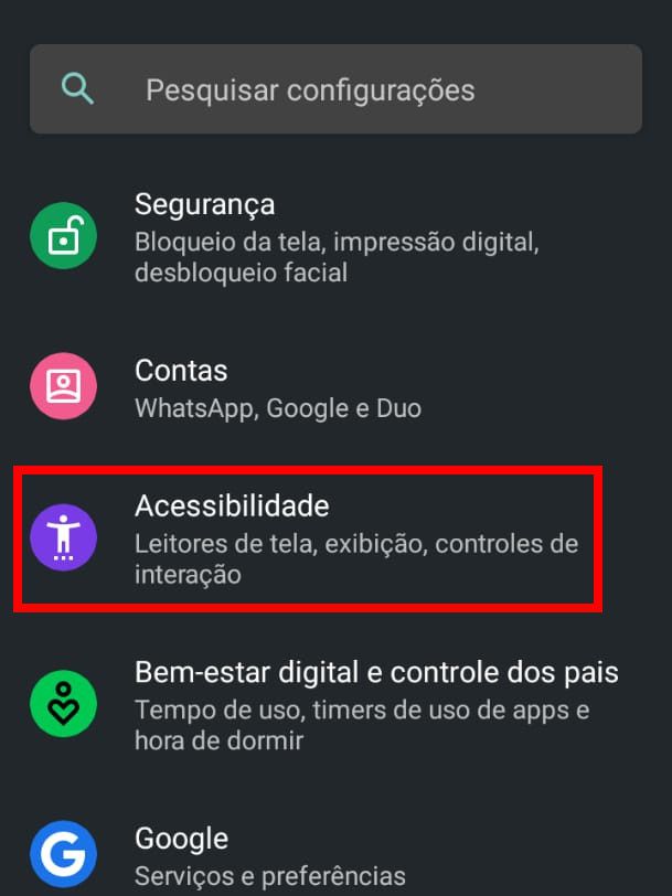 Acesse a aba de "Configurações" do Android e clique em "Acessibilidade" (Captura de tela: Matheus Bigogno)