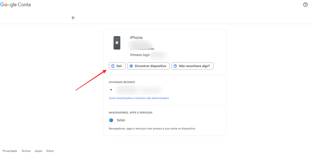 Ao selecionar a conta do Gmail que você deseja deslogar remotamente, basta clicar em “Sair” para concluir o processo (Imagem: Captura de tela/Fabrício Calixto/Canaltech)