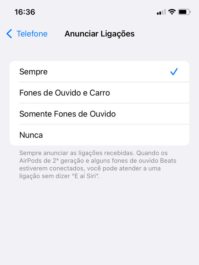 Escolha uma das opções disponíveis para ativar a anúncio de ligações pela Siri - Captura de tela: Thiago Furquim (Canaltech)