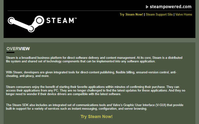O site da Steam era bastante simples em 2002 (Imagem: Reprodução/Web Design Museum)