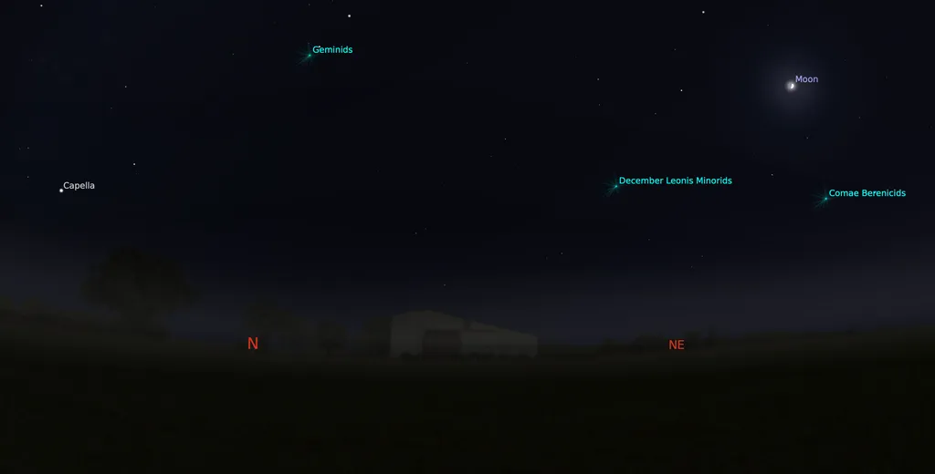 O radiante da chuva Gemínidas estará no ponto mais alto do céu na madrugada do dia 14 para o dia 15 de dezembro (Captura de tela: Stellarium)
