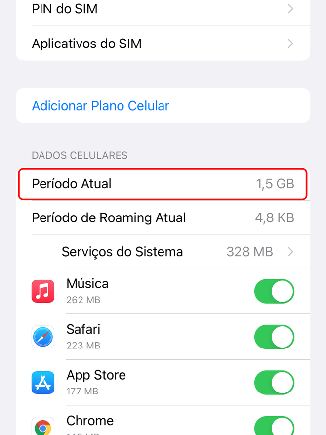 Acompanhe atentamente o consumo de dados de internet no iPhone - Captura de tela: Thiago Furquim (Canaltech)