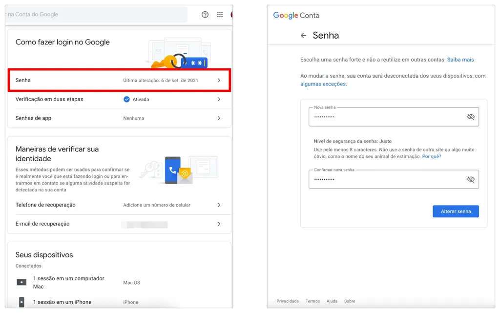 Como mudar a senha da conta Google (Captura de tela: Caio Carvalho)