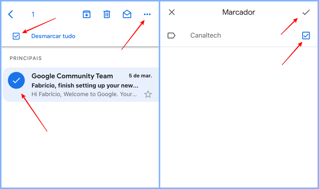 Você pode selecionar uma ou mais mensagens para adicionar em um marcador do Gmail (Imagem: Captura de tela/Fabrício Calixto/Canaltech)