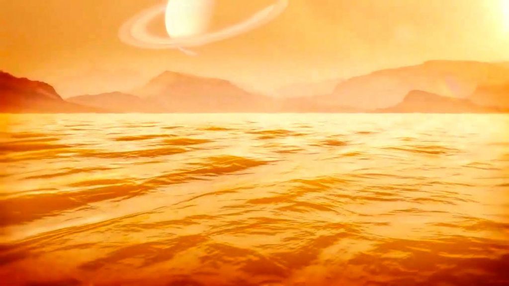 Representação artística de Kraken Mare, o maior mar de Titã (Imagem: Reprodução/NASA/John Glenn Research Center)