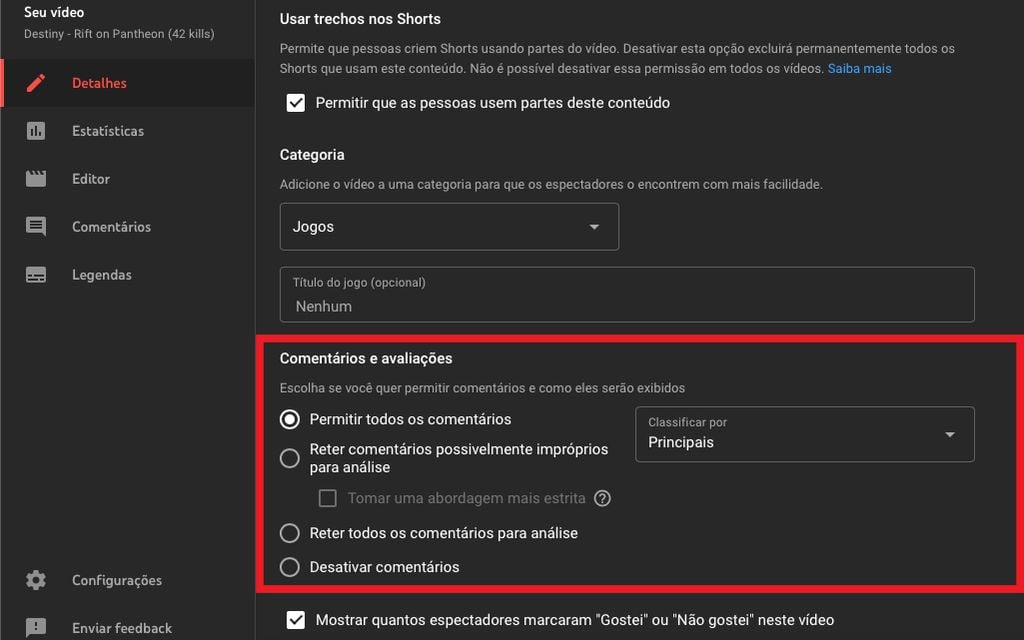 Tela mostra como ativar ou desativar comentários no YouTube em um vídeo específico (Captura de tela: Caio Carvalho)