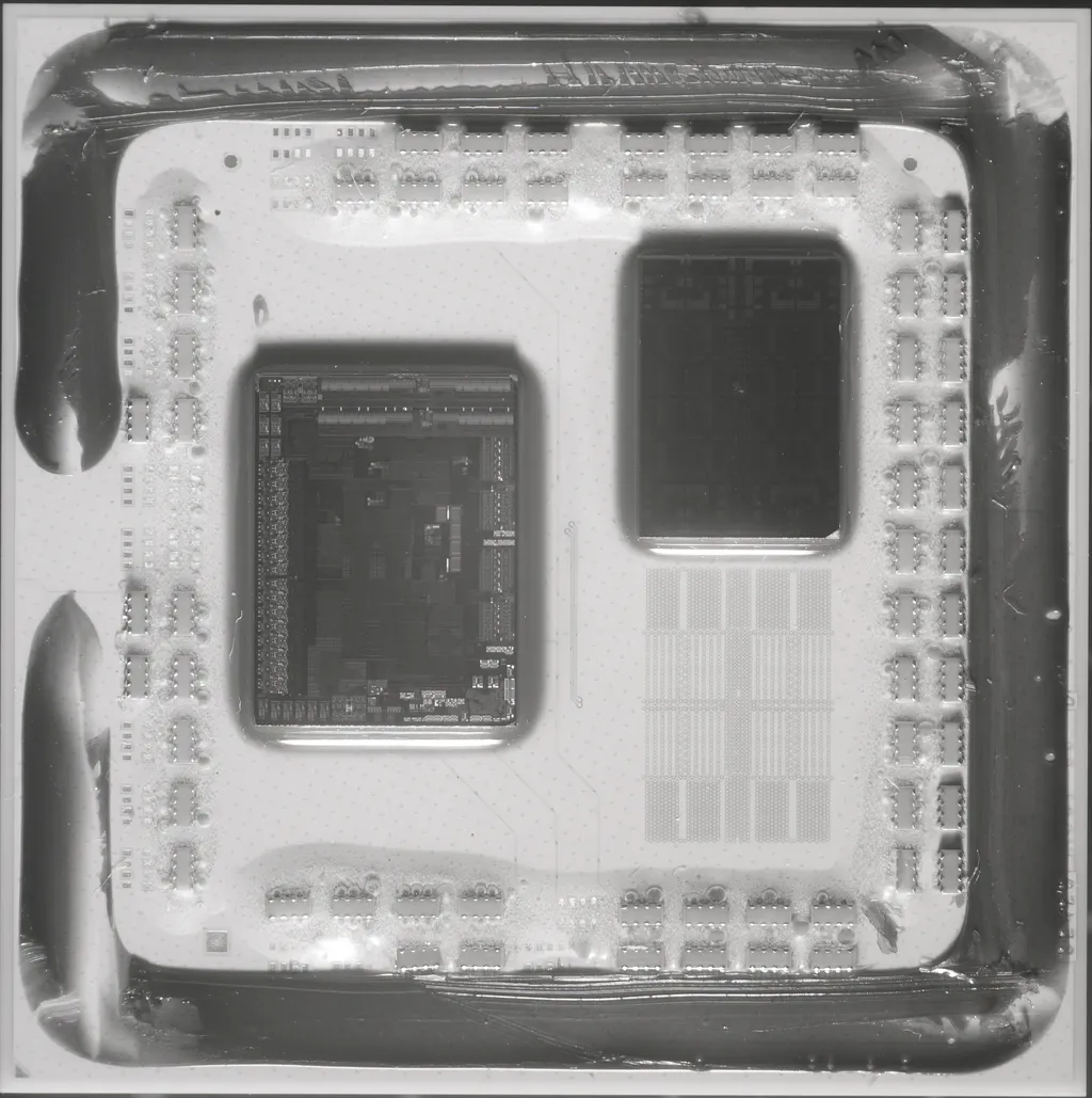 Foto em infravermelho do AMD Ryzen 5 3600 — note o chiplet de CPU (CCD) no canto superior direito, o espaço para um segundo CCD logo abaixo, o I/O Die à direita e os capacitores ao redor dos chiplets (Imagem: Fritzchens Fritz/Wikimedia Commons)