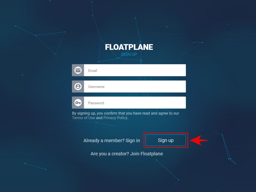 Caso você seja um criador de conteúdo, é possível abrir o seu canal no site pelo botão "Are you a creator? Join Floatplane". (Imagem: Kris Gaiato/Captura de tela)